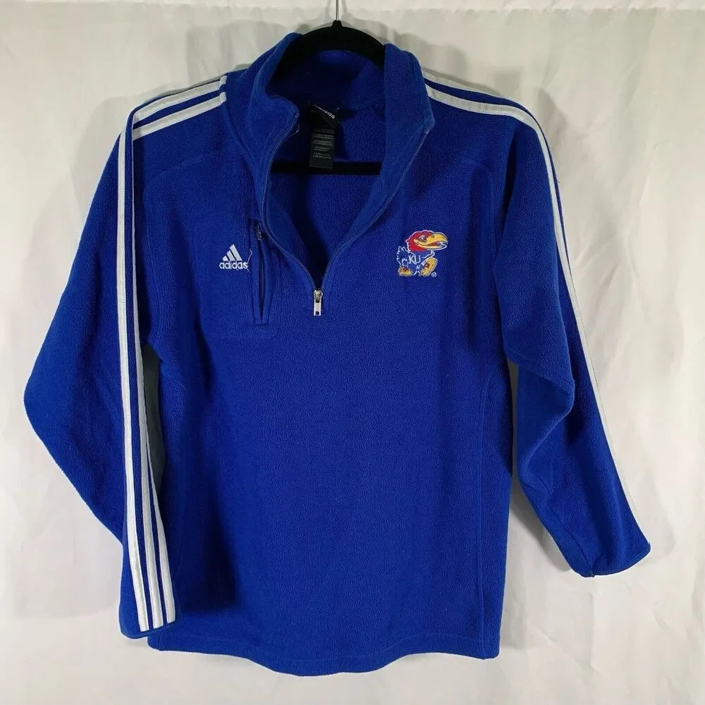 KU Jayhawks Sweater Youth Large Blue Fleece 1/4 Zip Long Sleeve Zip Pocket Pullo